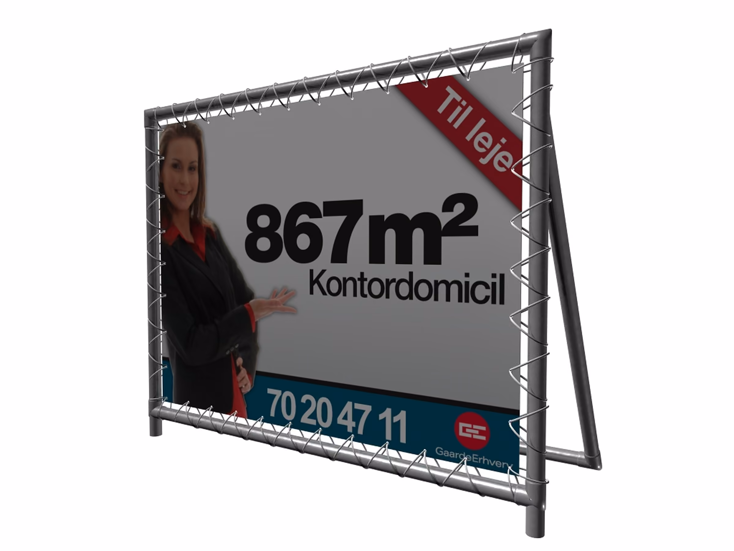 Fritstående AluFlex+ skilt på skrå ben med til leje-banner – visualisering til Gaarde Erhverv