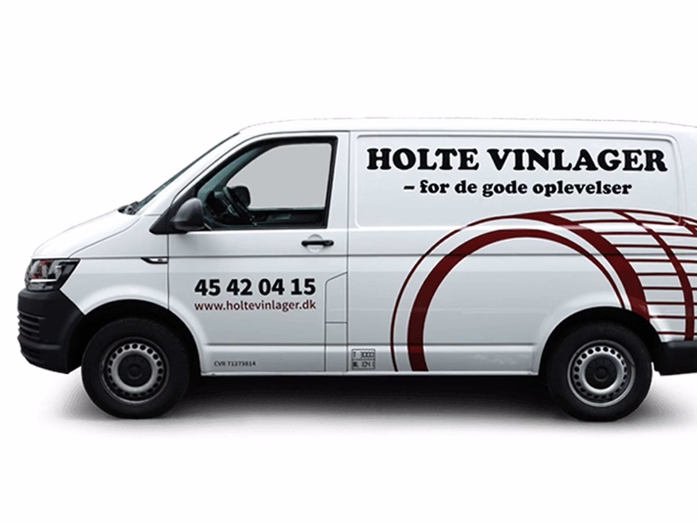 Bildesign til Holte Vinlager: VW Transporter med logo, slogan og bordeaux buer