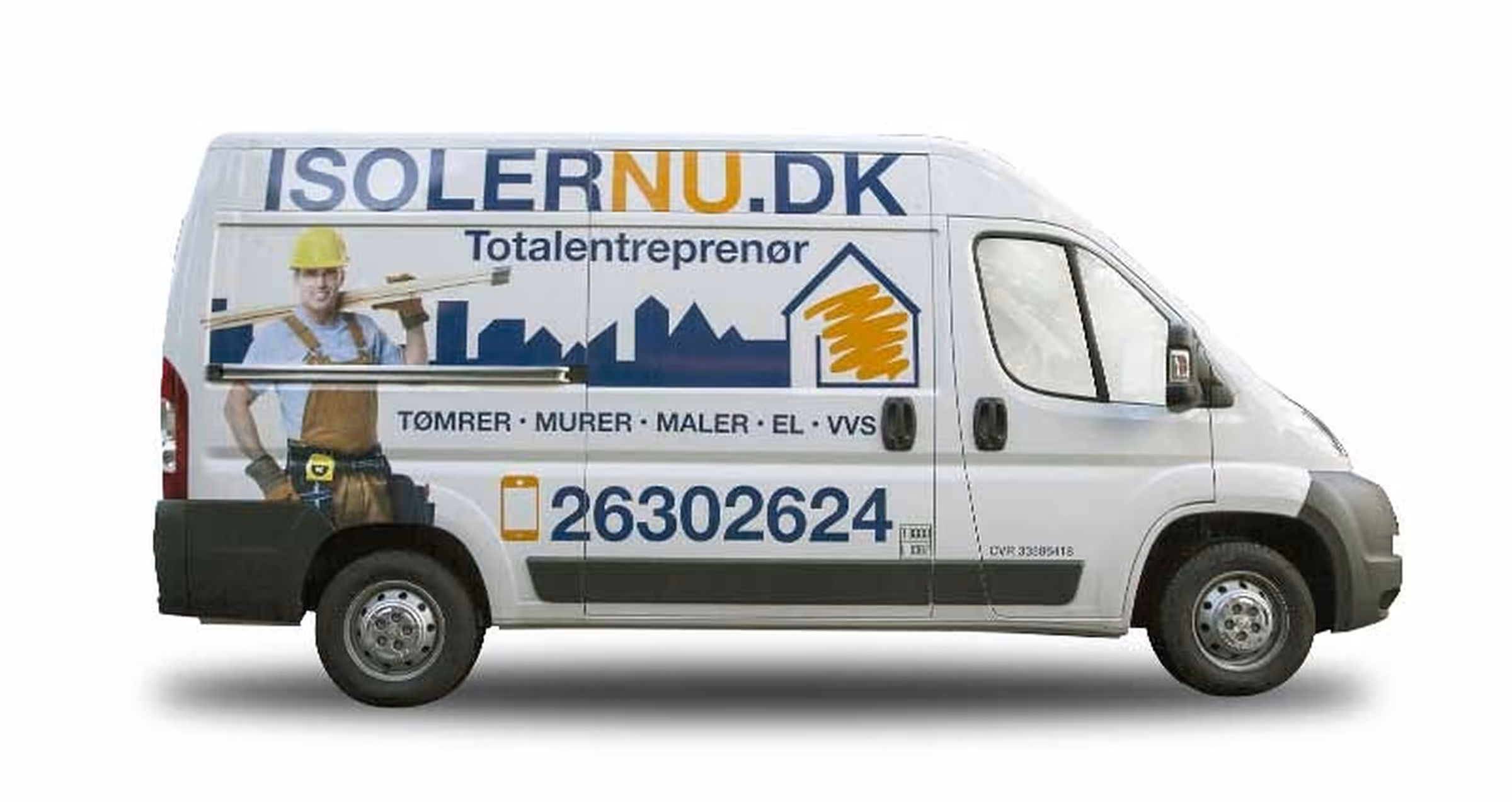 Bildesign til Isolernu.dk: varebil med skyline, håndværker og telefonnummer
