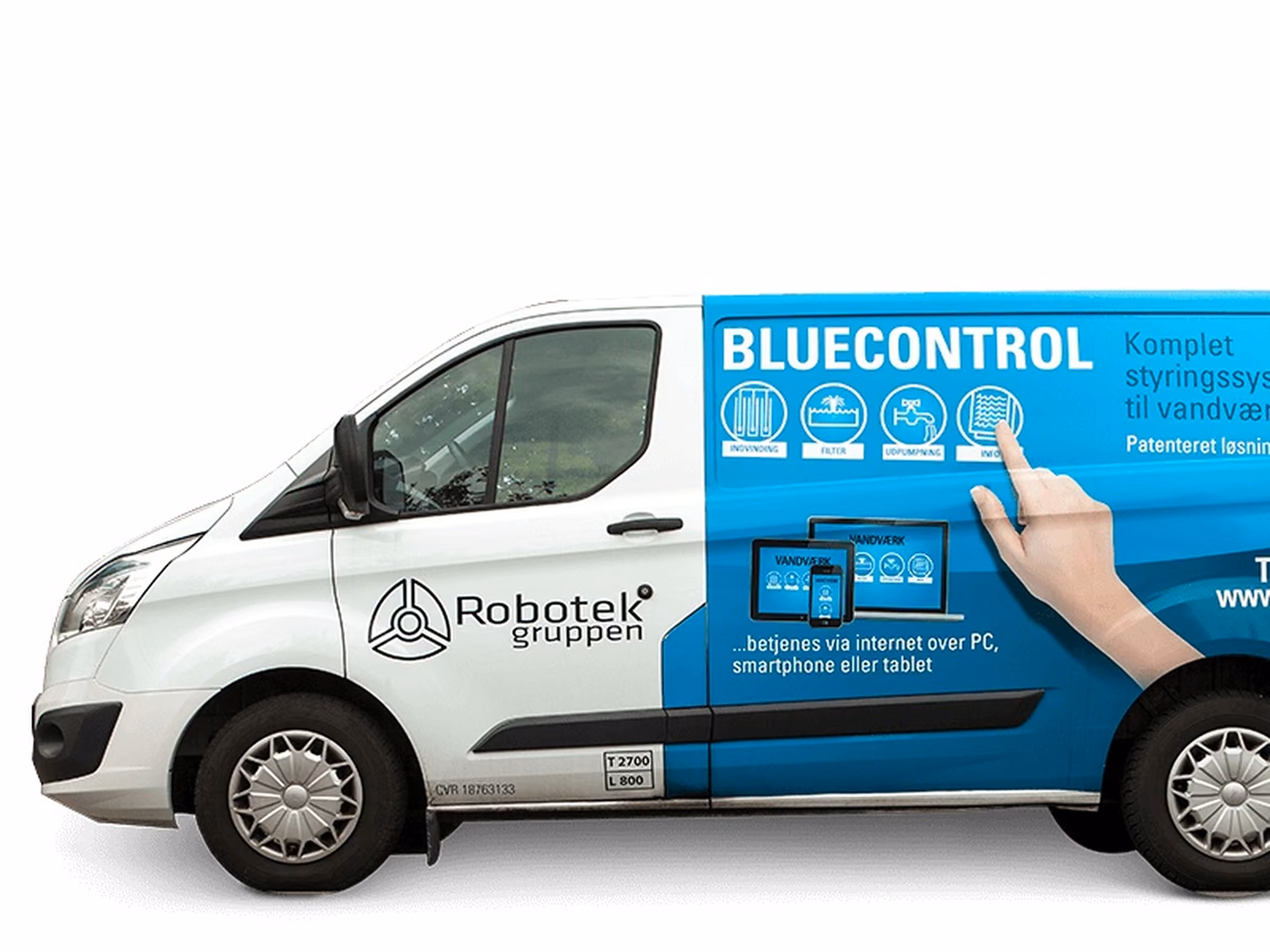 Bildesign til BlueControl: Ford Transit Custom med blå grafik og tablet