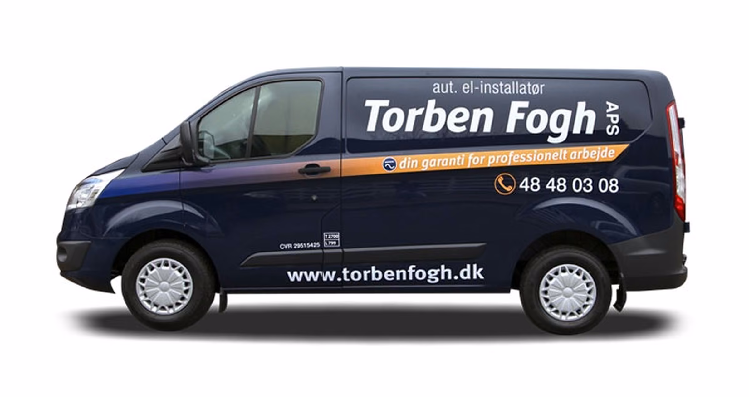 Bildesign til el-installatør Torben Fogh: mørkeblå varebil med orange bue