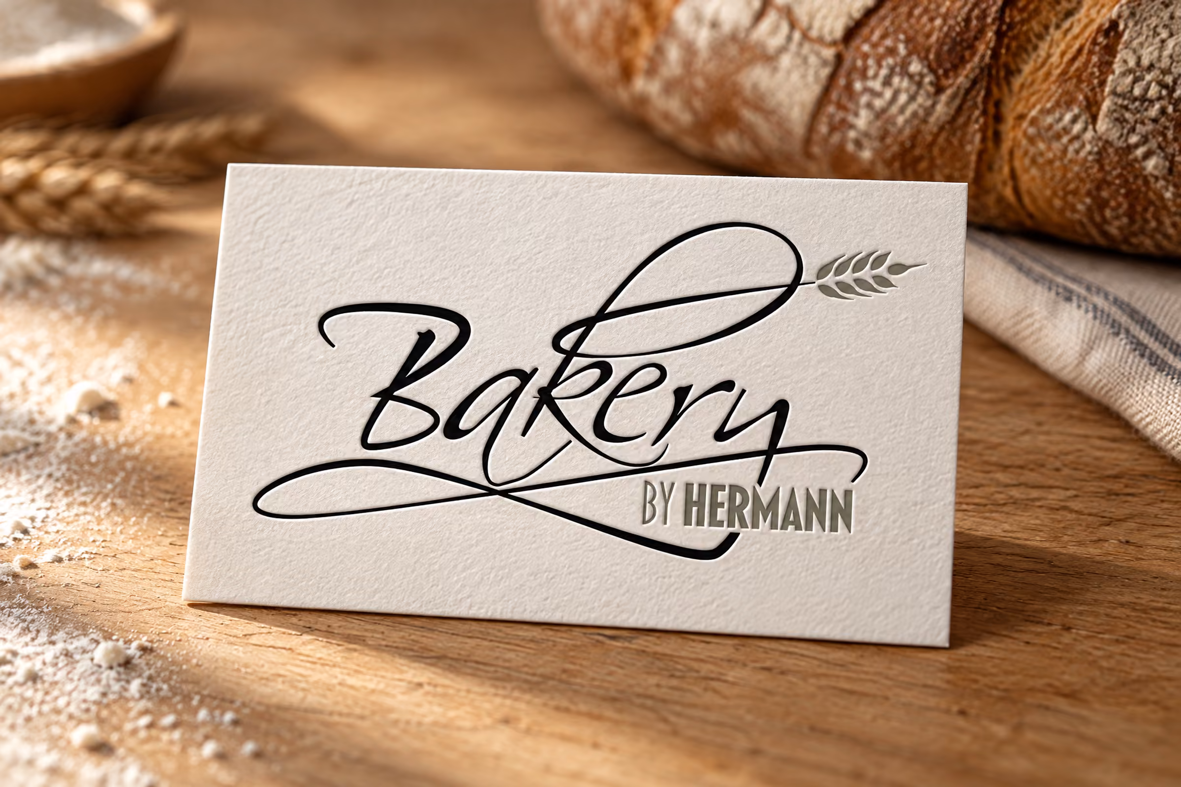 Håndtegnet logo til Bakery by Hermann på et kort af tykt papir