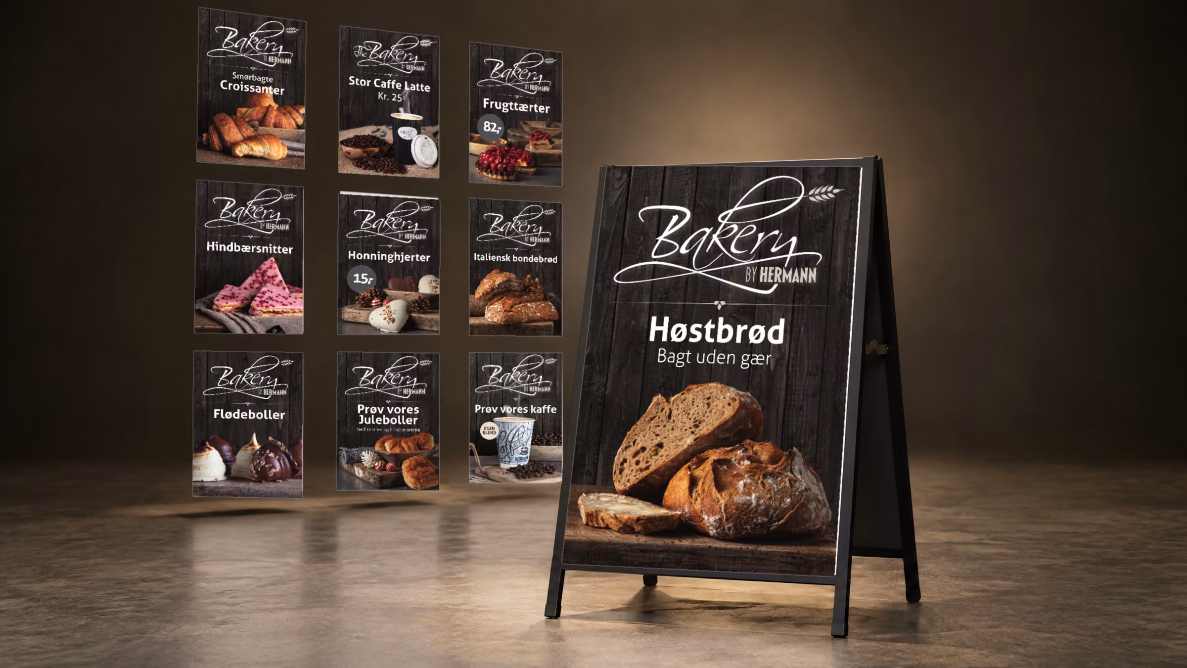 Serie af plakater til A-skilte for Bakery by Hermann med et sort A-skilt i forgrunden