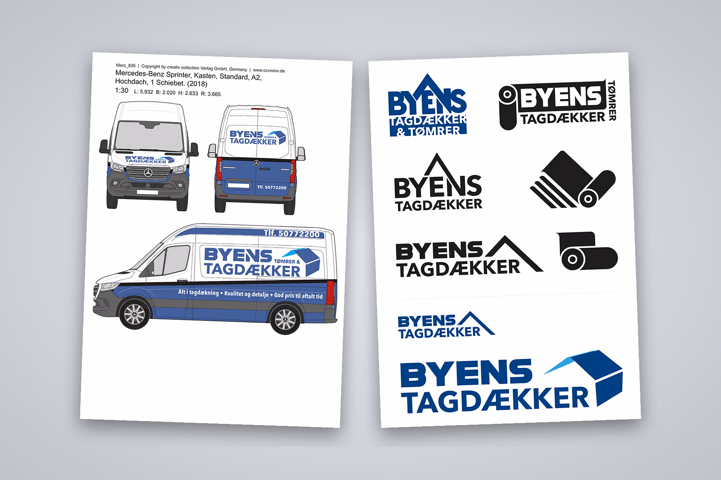 Logoskitser og designark til Byens Tagdækkers Mercedes Sprinter