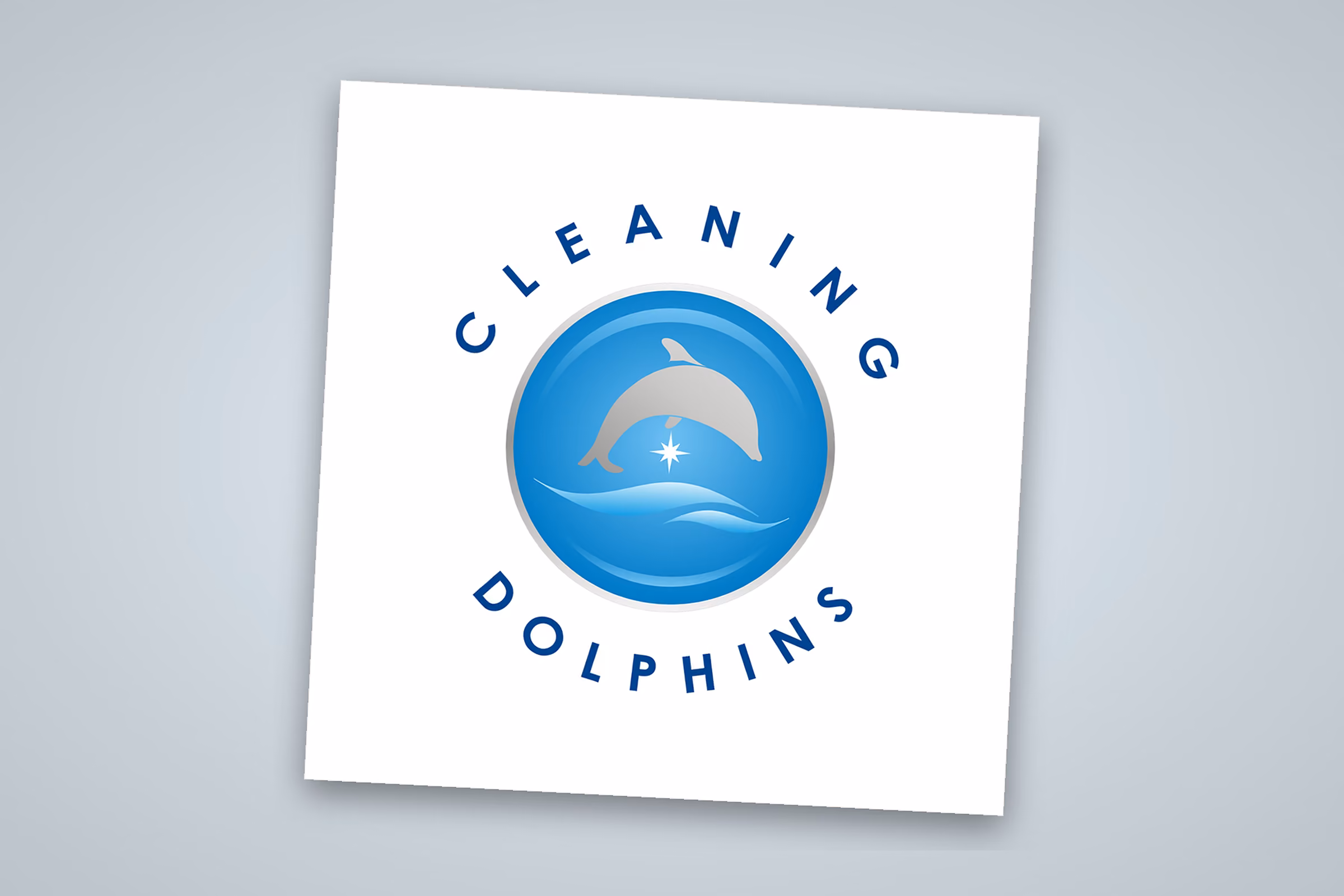 Cleaning Dolphins-logoet med delfin i blå rundel
