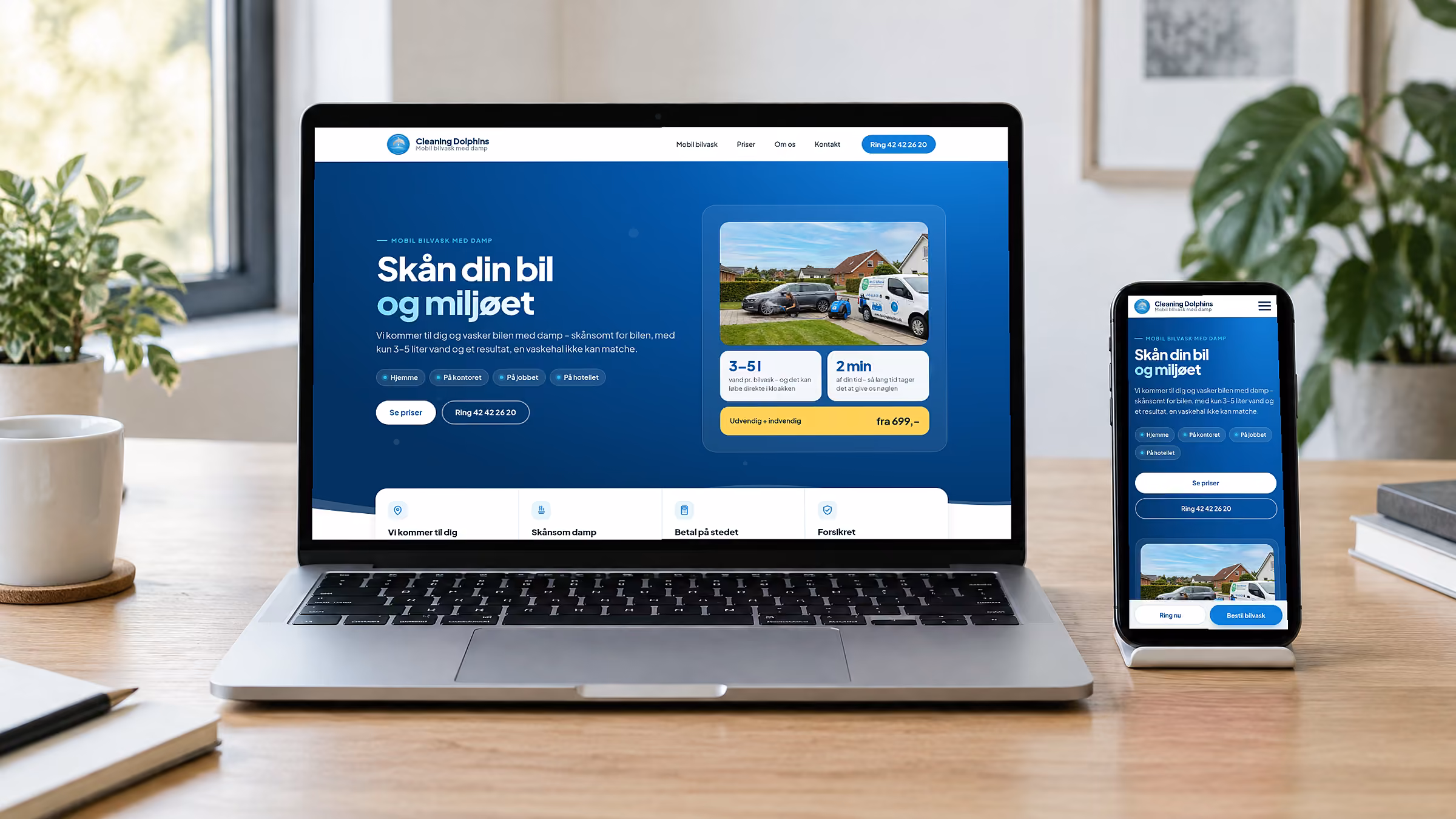 Den nye hjemmeside til Cleaning Dolphins fra 2026 vist på laptop og mobil