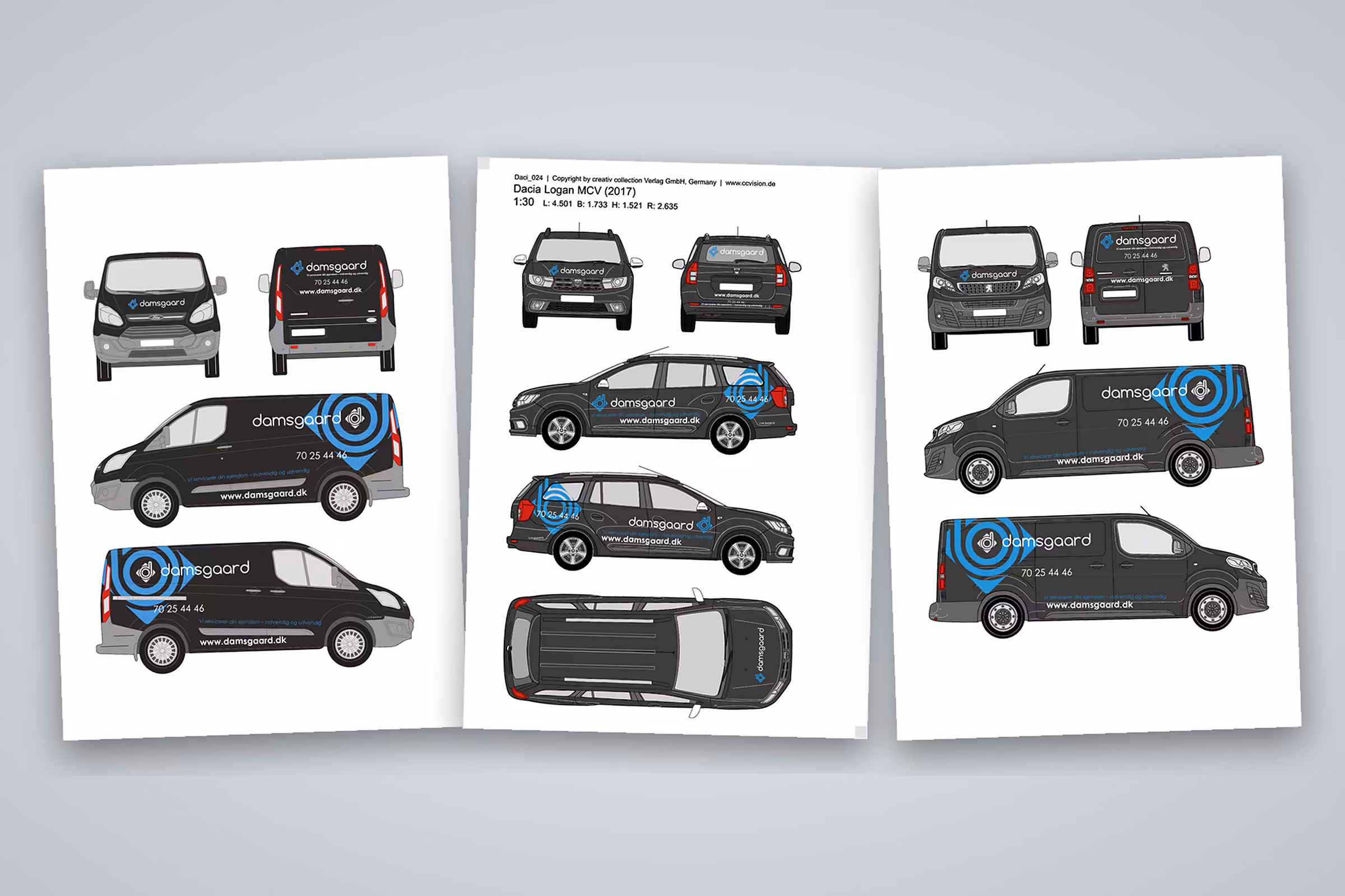 Designark til Damsgaards nyere biler: Ford Transit Custom, Dacia Logan MCV og Peugeot Expert