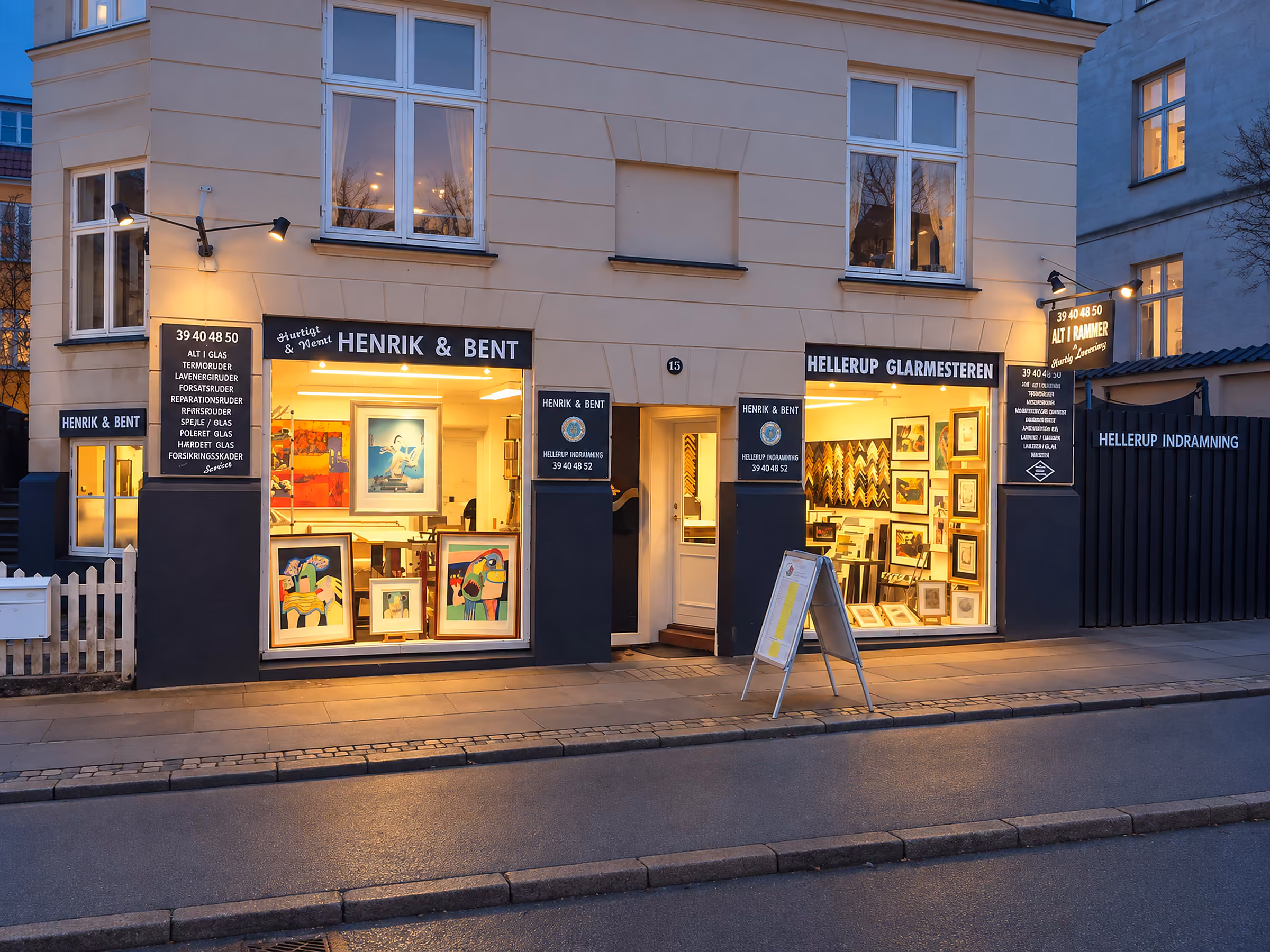 Butikken Henrik & Bent og Hellerup Glarmesteren i Hellerup om aftenen