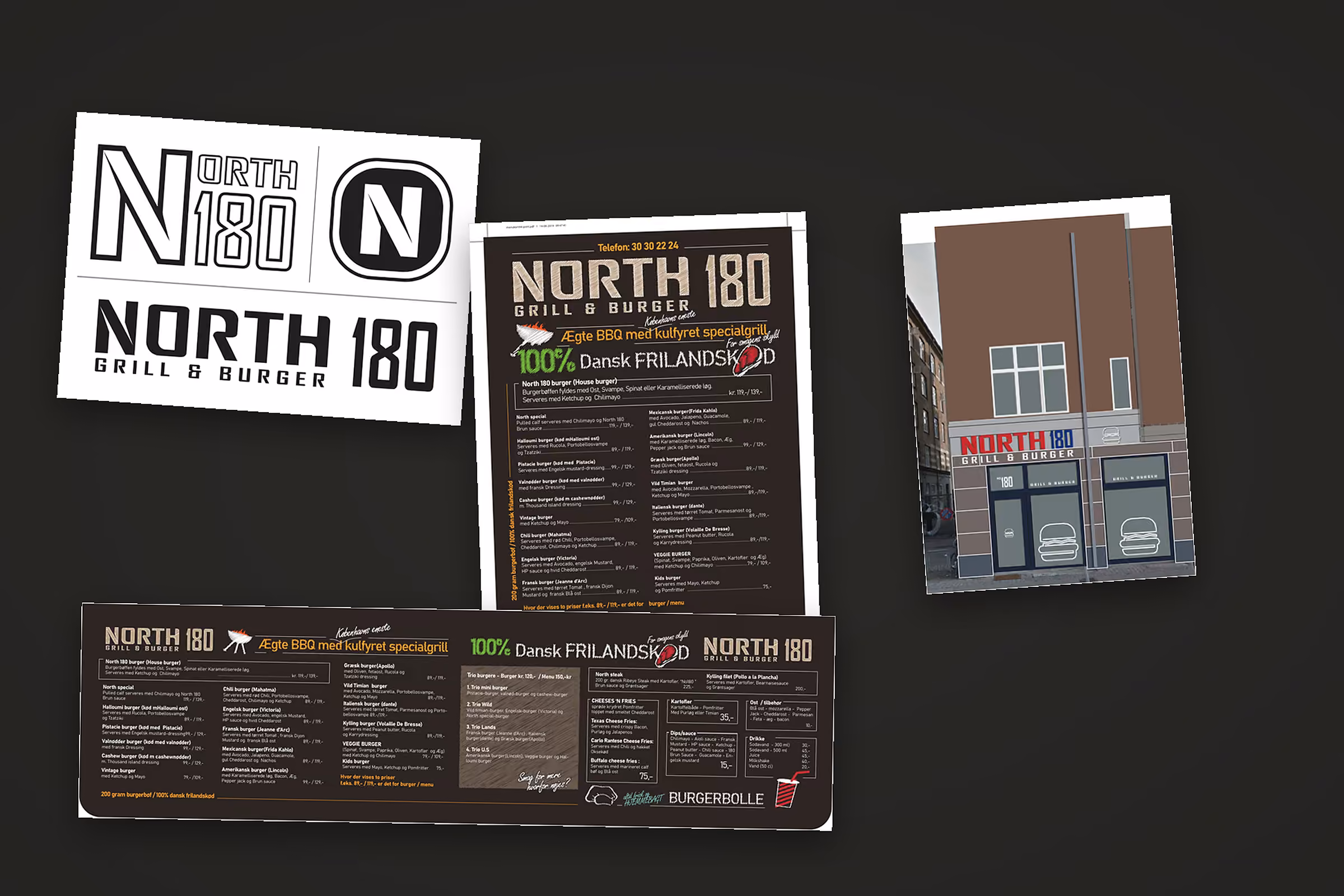 Logo, menukort, menutavle og facadedesign til North 180 Grill & Burger