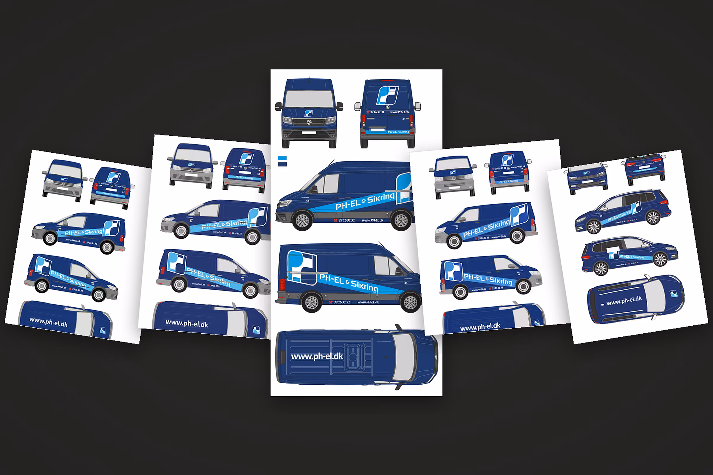 Designark med bilreklame til PH-EL & Sikrings Caddy, Caddy Maxi, Crafter, Transporter og Touran