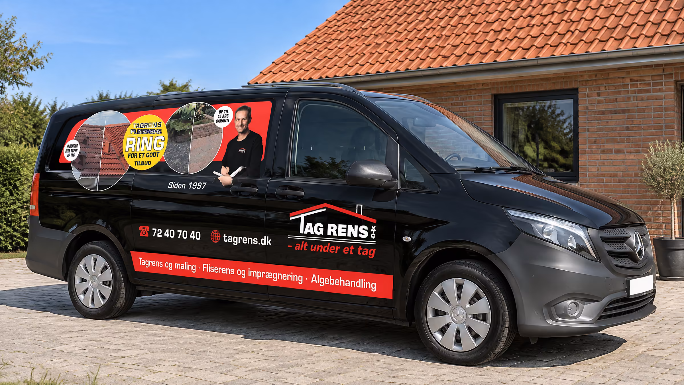 Visualisering: Tag Rens' sorte Mercedes Vito med rødt bånd, før-og-efter-fotos og logo