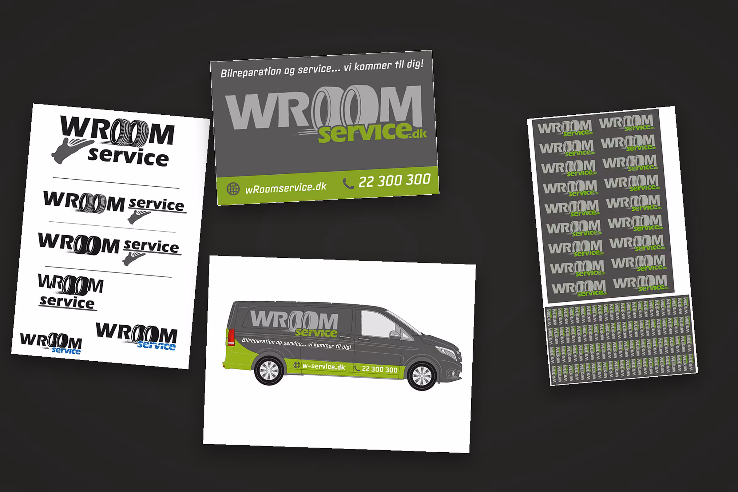 Logo, visitkort, stickers og bildesign til Wroom Service