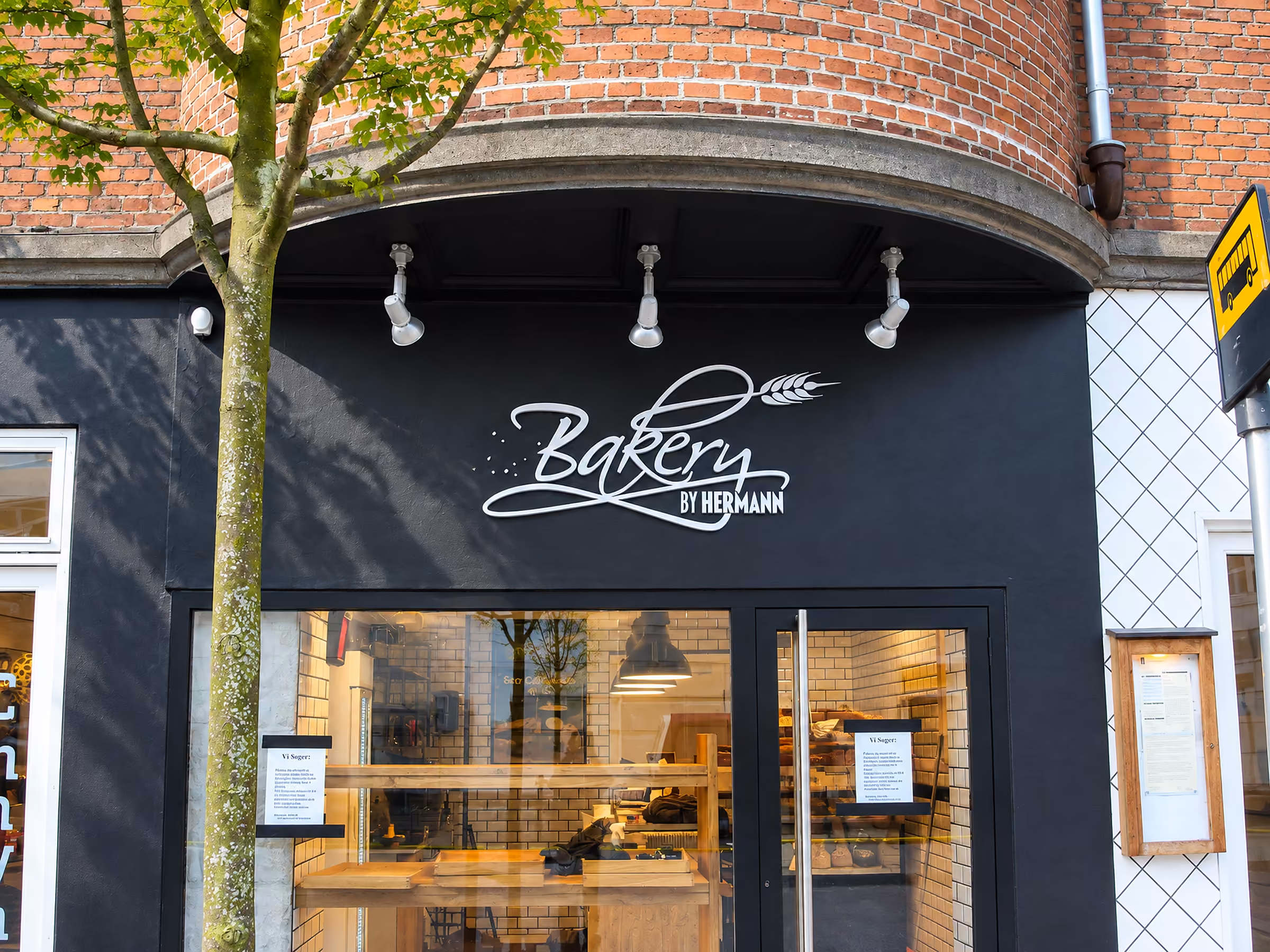 Udfræset logo på facaden af Bakery by Hermann
