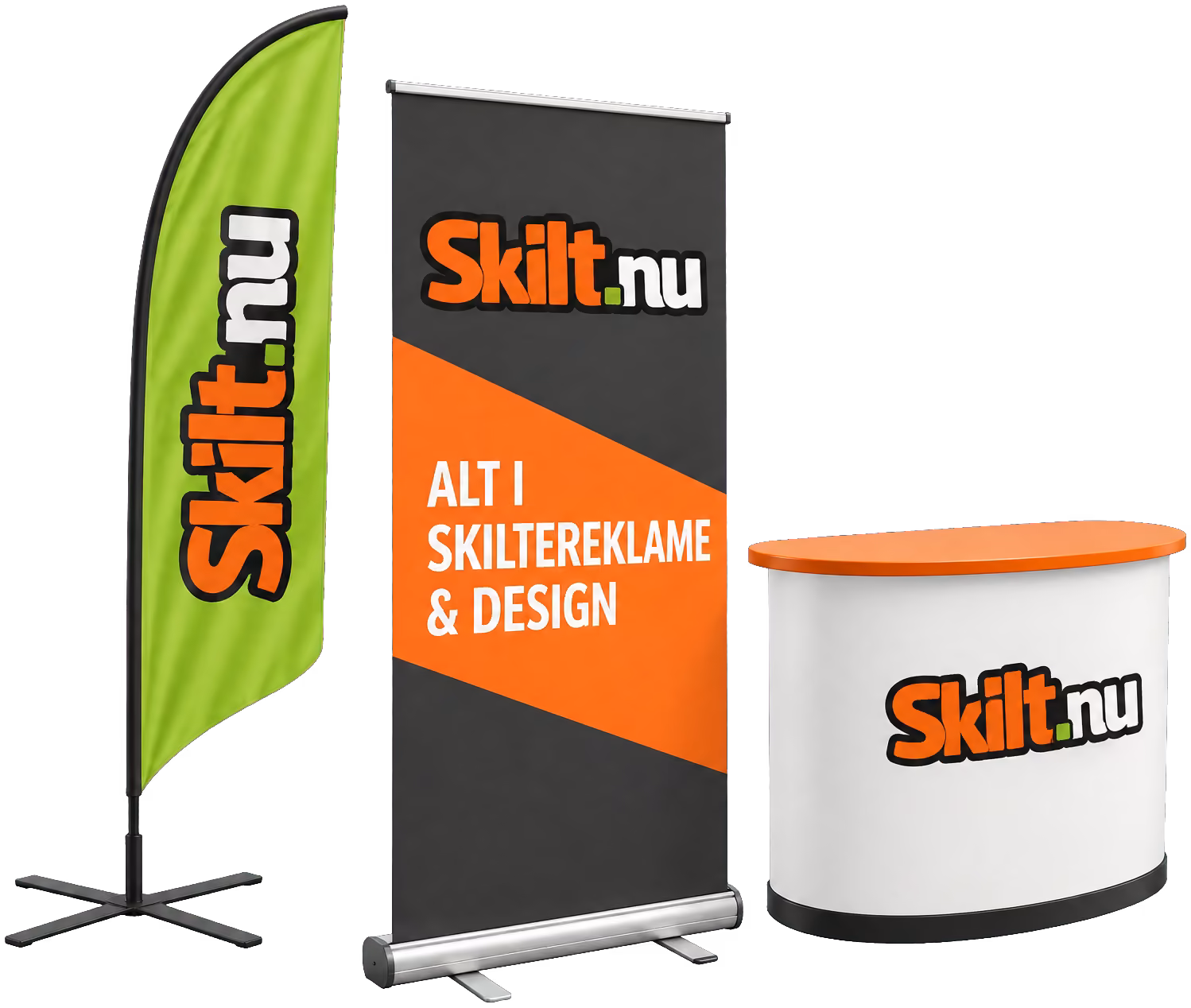Illustration af roll-up, beachflag og messedisk med Skilt.nu-logo