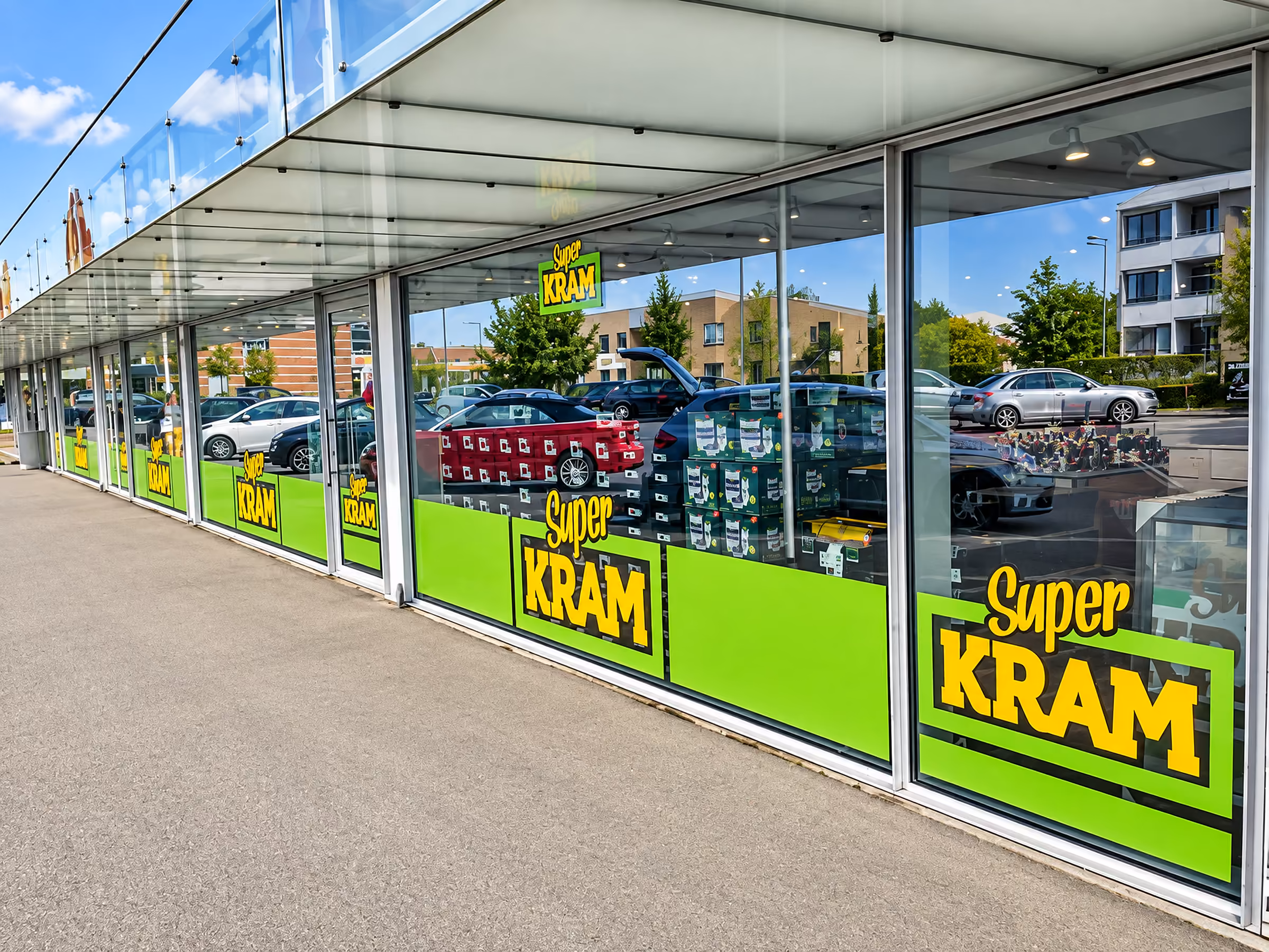 Grøn vinduesfolie med Super Kram-logoer langs hele butiksfacaden