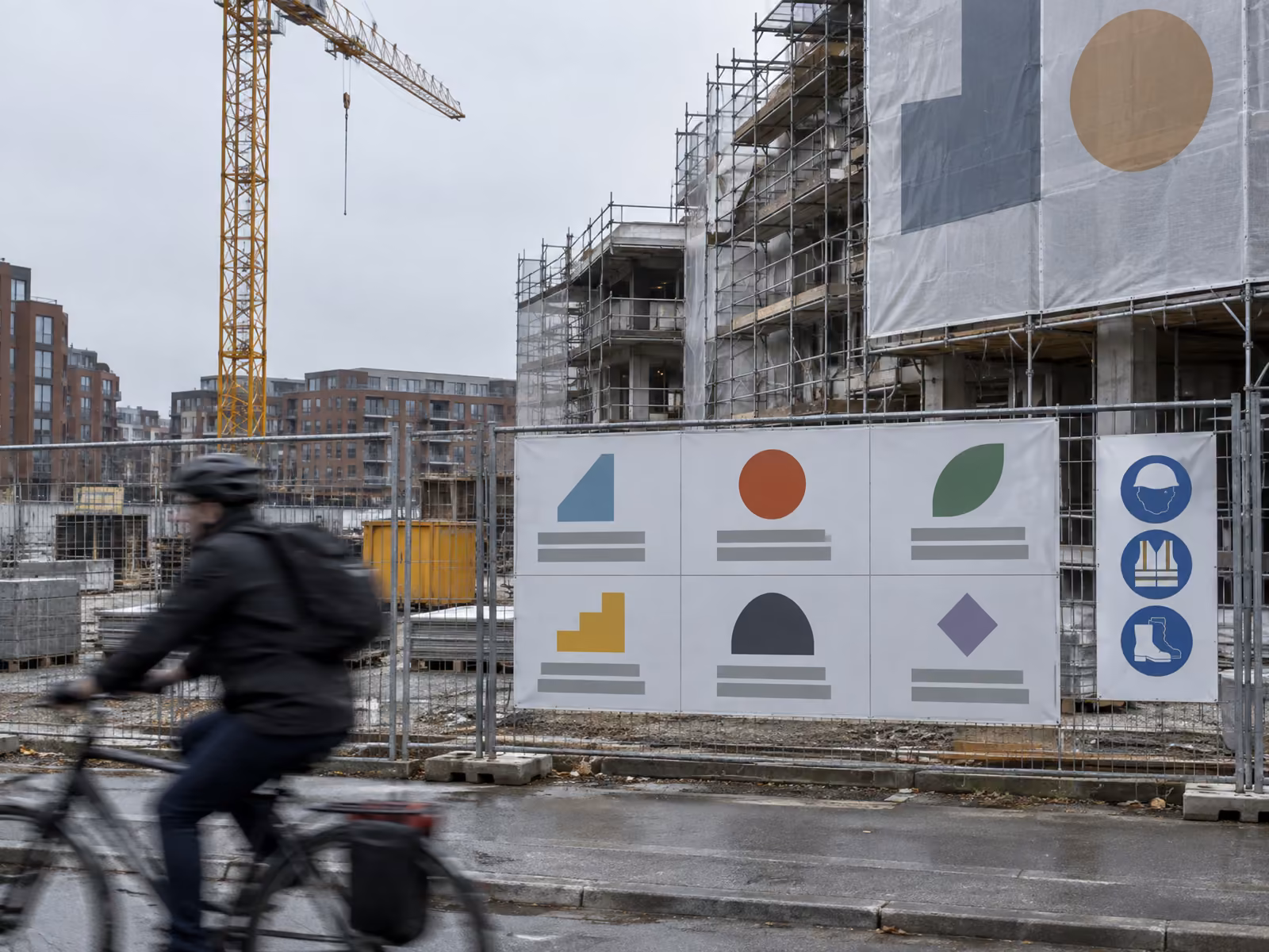 Illustration af byggepladstavle med flere firmaer og sikkerhedsskilt på byggehegnet ved et byggeri