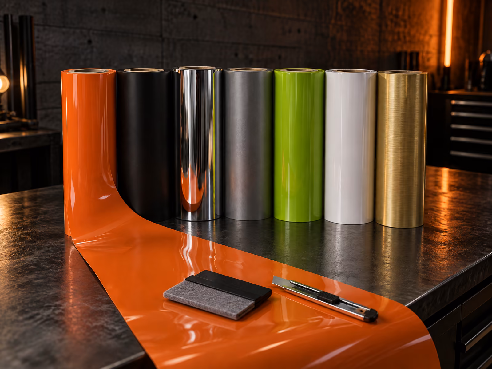 Illustration af folieruller i orange, sort, chrome, grå, grøn, hvid og guld på et værkstedsbord
