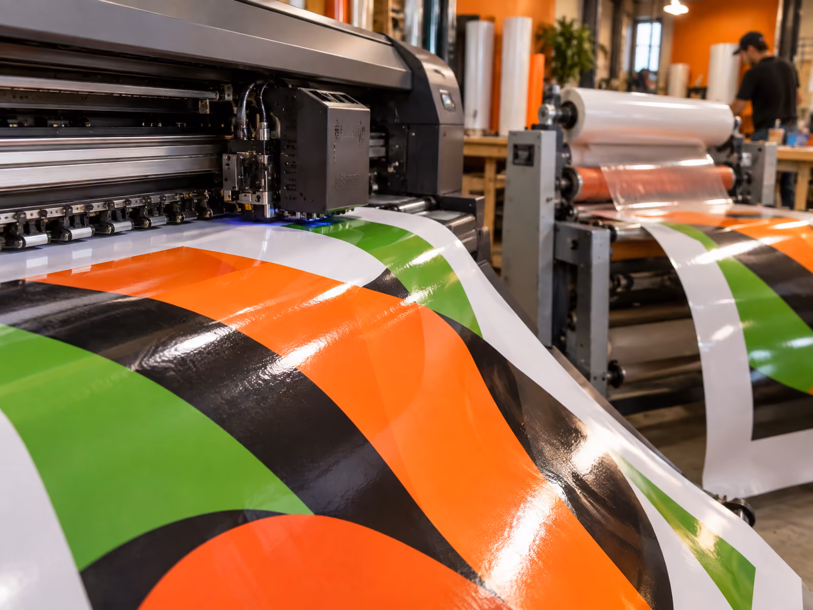 Illustration af storformatprinter, der printer på folie, og laminator, der lægger klart laminat på