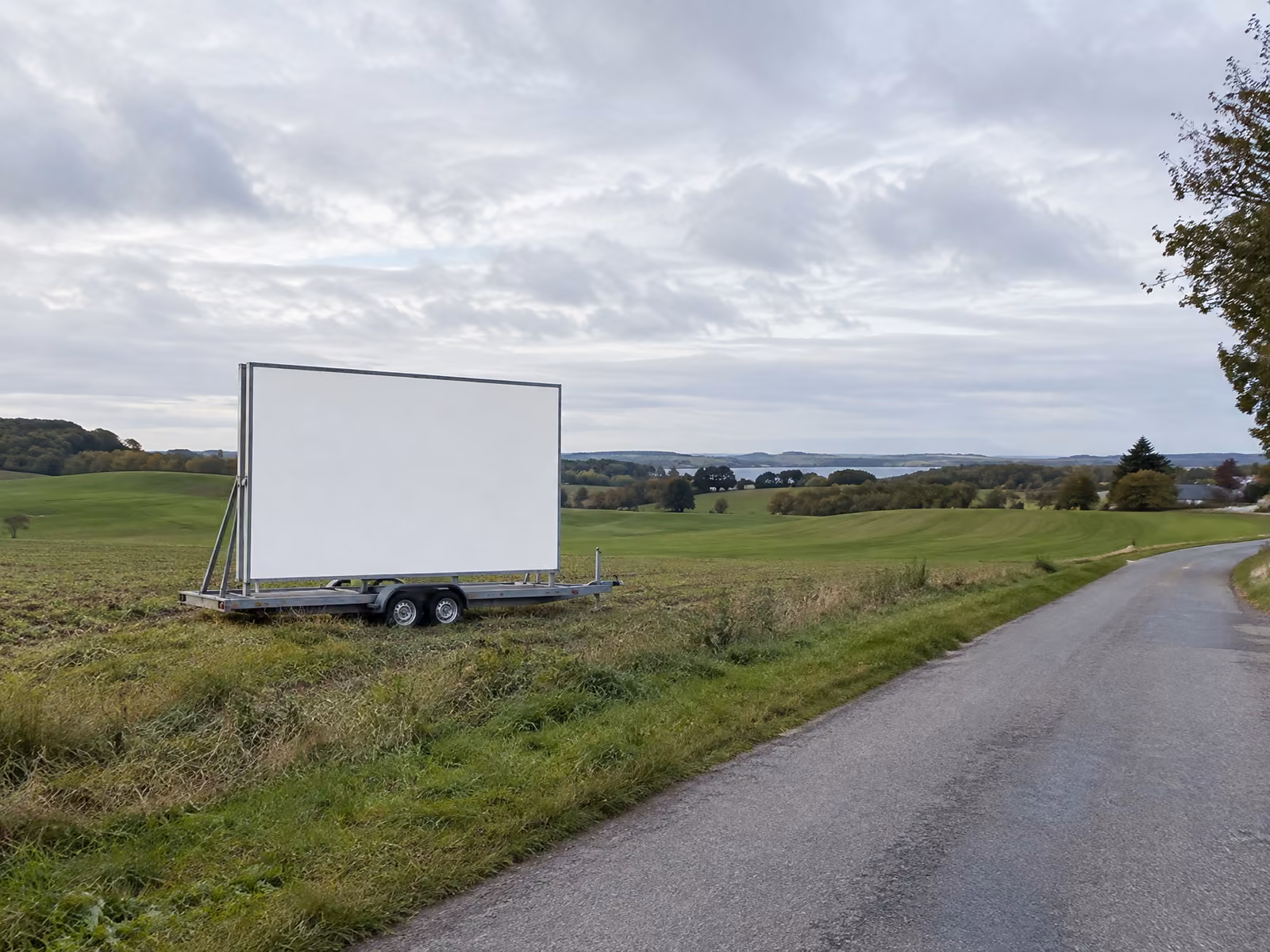 Illustration af reklametrailer med stort skilt parkeret på en mark ved en landevej