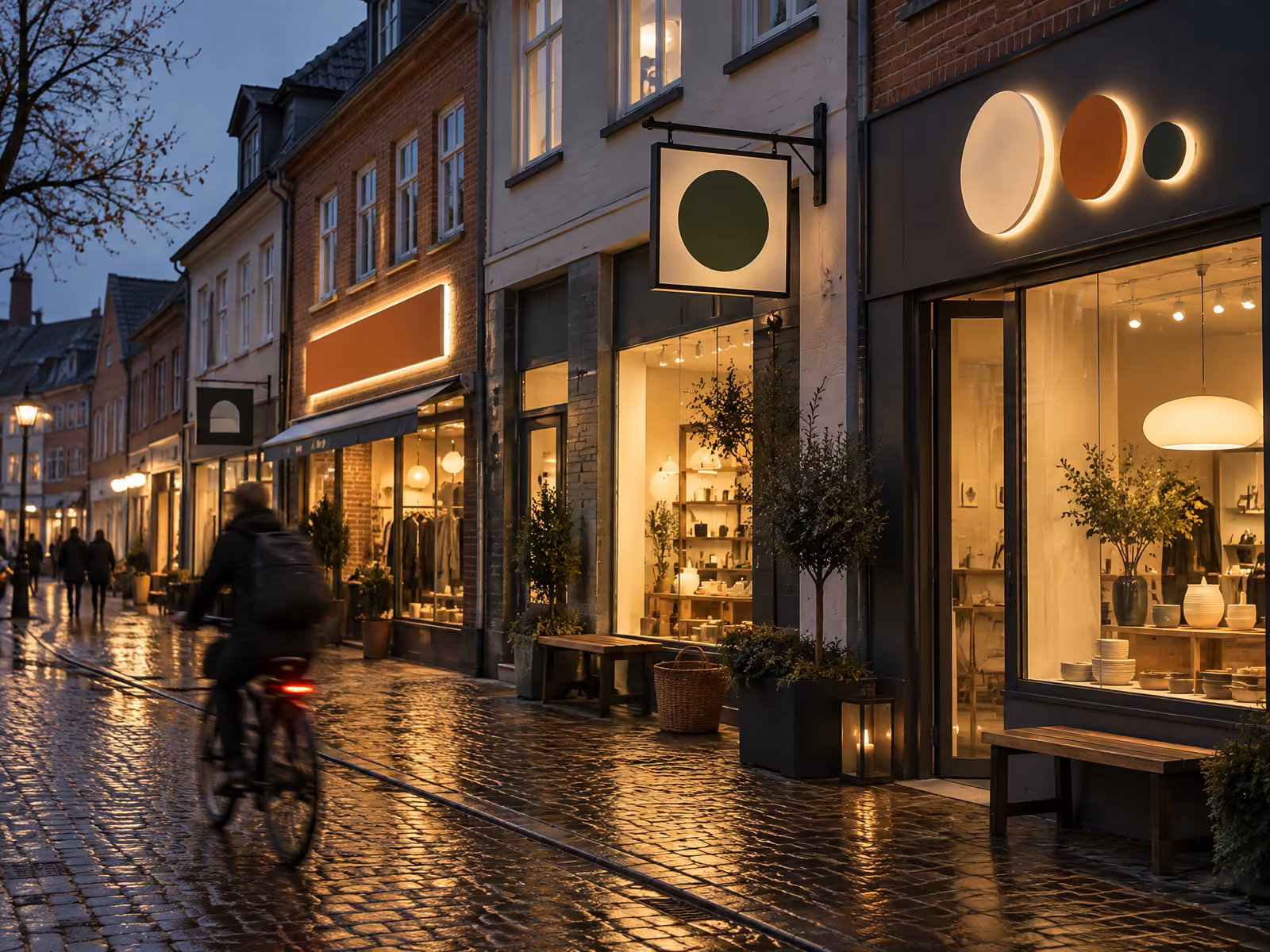 Illustration af dansk handelsgade i skumringen med facadebogstaver, udhængsskilt og skilteplade