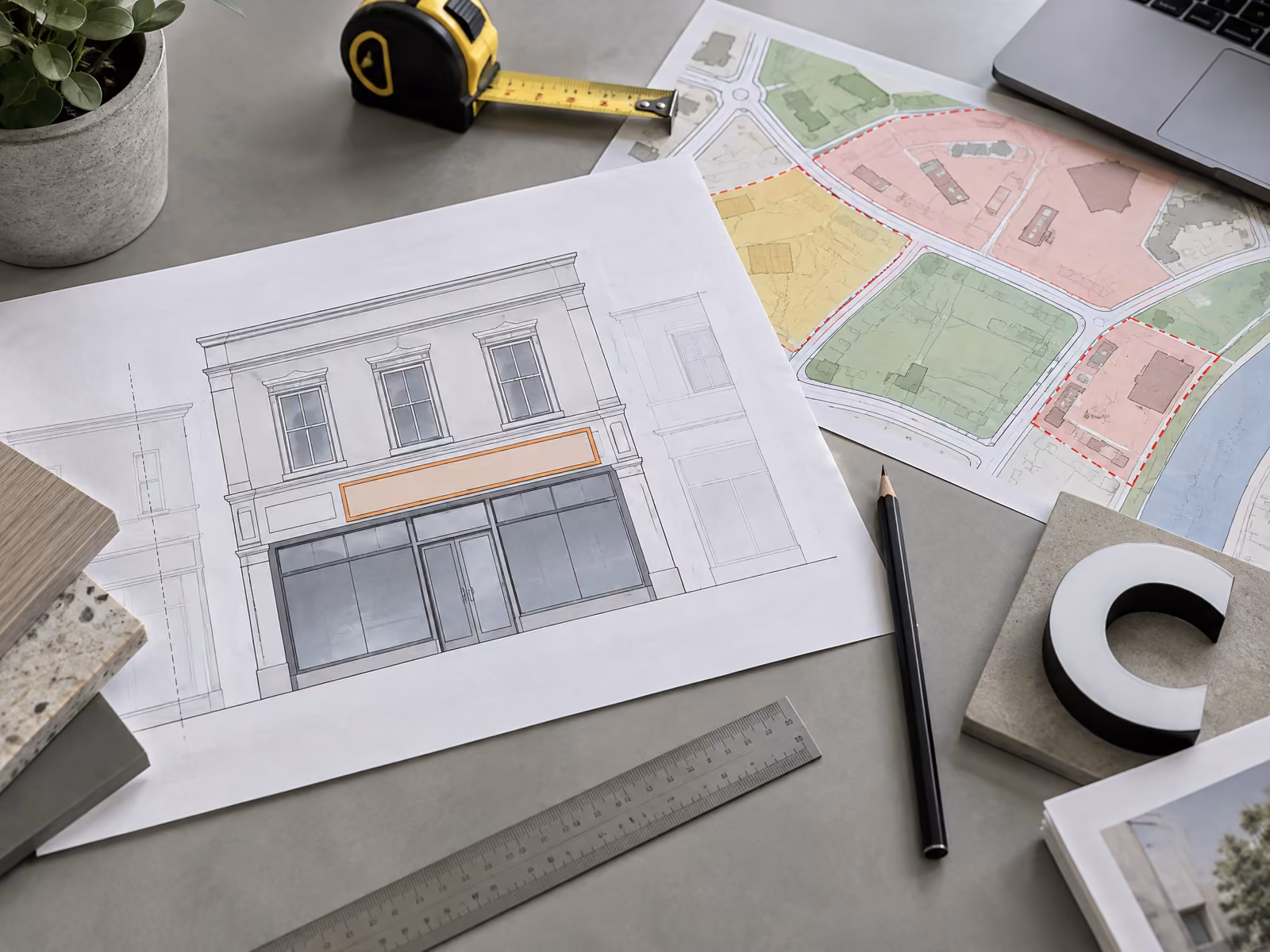 Illustration af facadetegning med markeret skilteplacering, lokalplankort, målebånd og prøve på 3D-bogstav