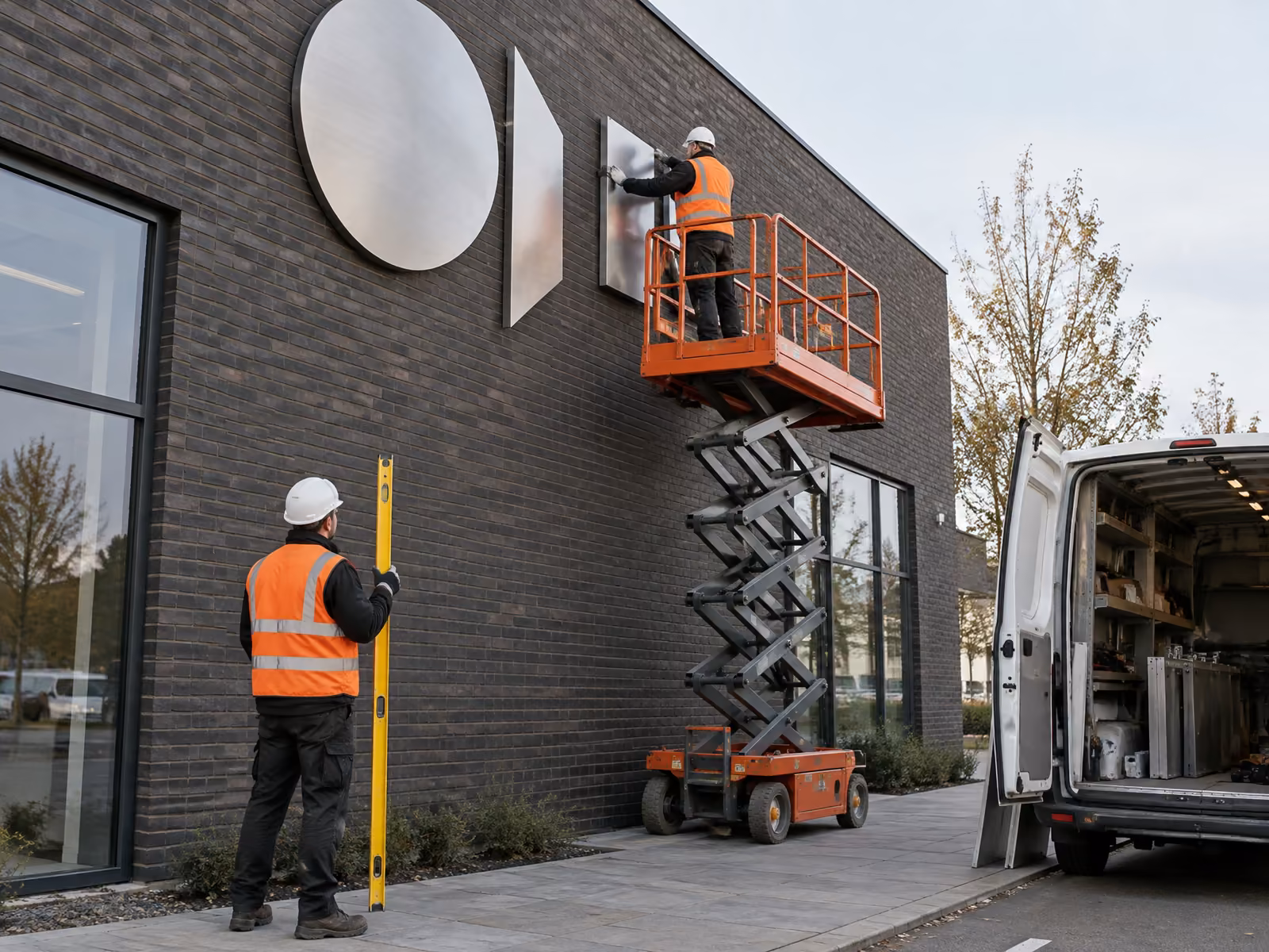 Illustration af montører, der sætter 3D-figurer i børstet aluminium op på en murstensfacade fra en sakselift